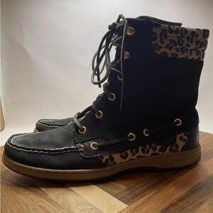 Sperry Hikerfish Black Leather Leopard Lace Up Boots Women Size 9.5 GUC